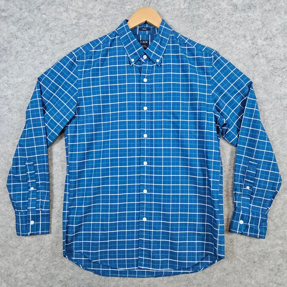 J Crew Men's Flex Oxford Size M Slim Fit Button Down Blue Windowpane 100% Cotton